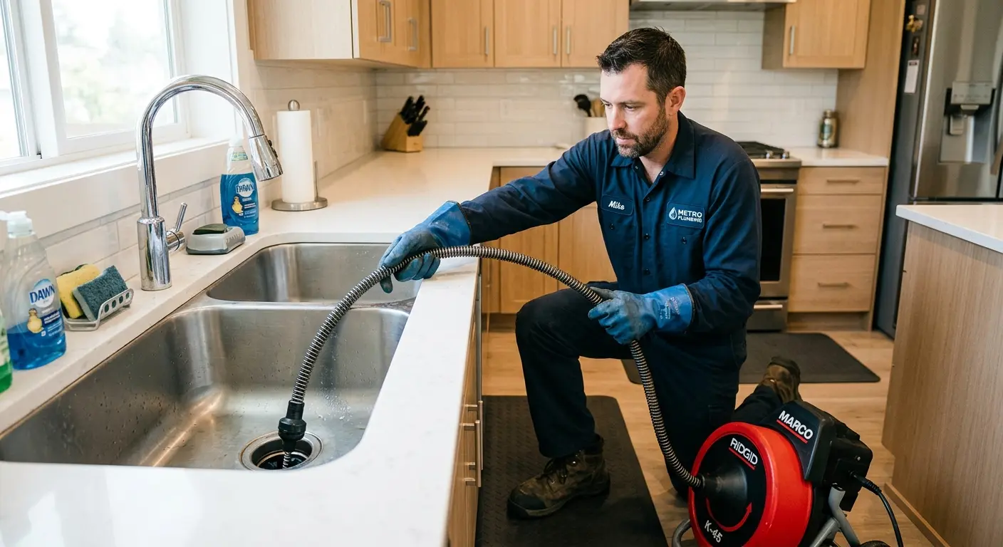 Drain cleaning technician using a motorized snake on a kitchen sink in Palm Springs