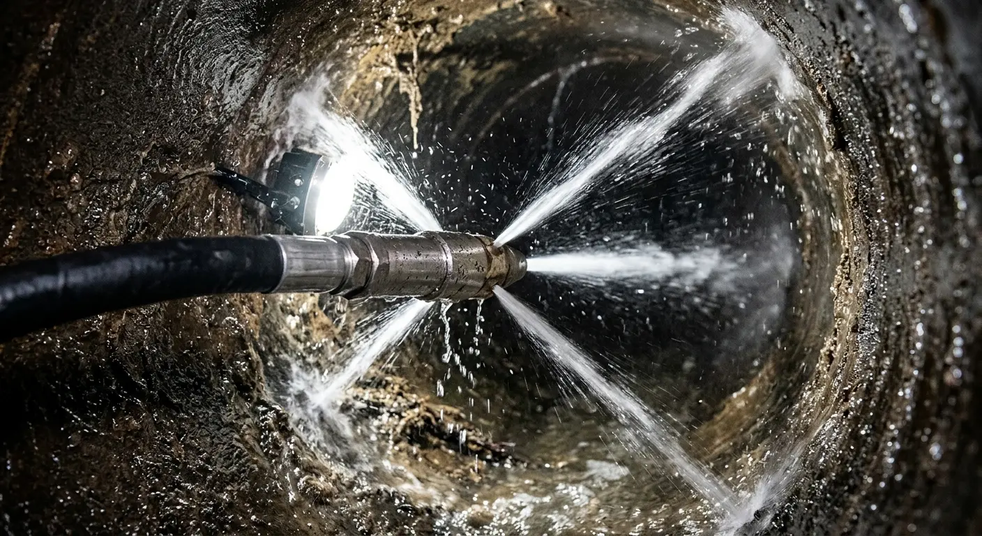 High-pressure hydro jetting nozzle cleaning sewer pipe for Trenchless Sewer Repair in Palm Springs