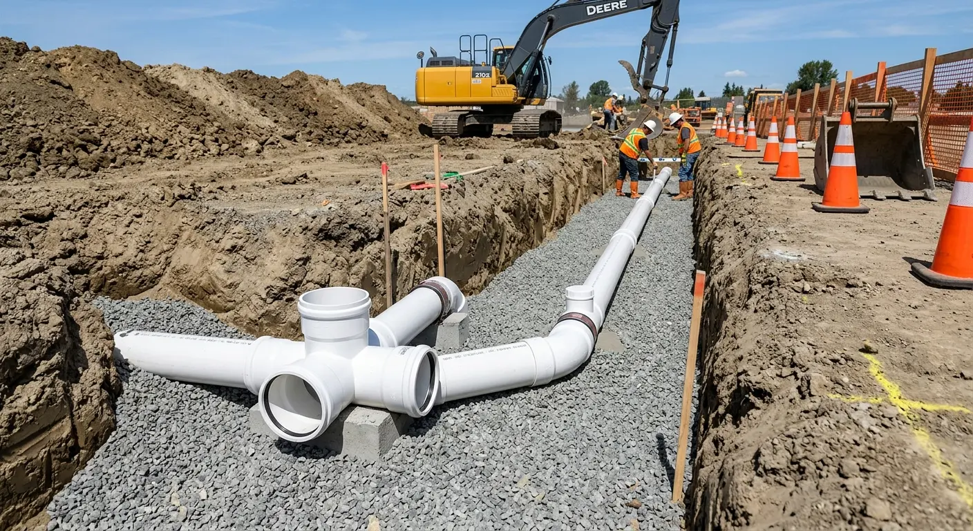 New PVC sewer pipe installation in open trench for Sewer Backup in Palm Springs