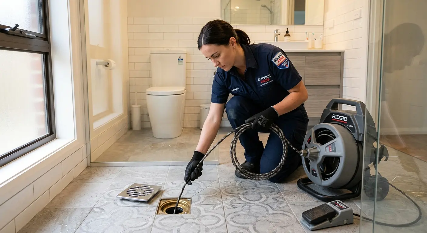 Technician clearing a bathroom floor drain for Drain Cleaning in Palm Springs